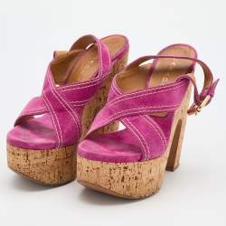 Pre Owned Casadei Pink Suede Cork Platform Block Heel Sandals Size 38