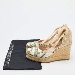 Pre Owned Casadei White Printed Leather and Woven Fabric Espadrille Platform Wedge Sandals Size 36.5