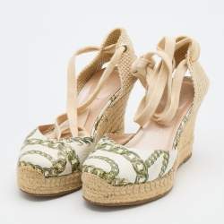 Pre Owned Casadei White Printed Leather and Woven Fabric Espadrille Platform Wedge Sandals Size 36.5