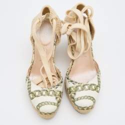 Pre Owned Casadei White Printed Leather and Woven Fabric Espadrille Platform Wedge Sandals Size 36.5