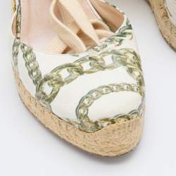Pre Owned Casadei White Printed Leather and Woven Fabric Espadrille Platform Wedge Sandals Size 36.5
