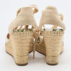 Pre Owned Casadei White Printed Leather and Woven Fabric Espadrille Platform Wedge Sandals Size 36.5