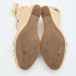 Pre Owned Casadei White Printed Leather and Woven Fabric Espadrille Platform Wedge Sandals Size 36.5