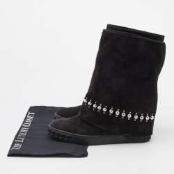 Pre Owned Casadei Black Suede Pearl Detail Fold Over Wedge Boots Size 38
