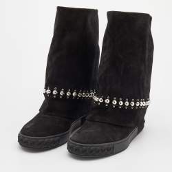 Pre Owned Casadei Black Suede Pearl Detail Fold Over Wedge Boots Size 38