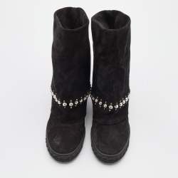 Pre Owned Casadei Black Suede Pearl Detail Fold Over Wedge Boots Size 38