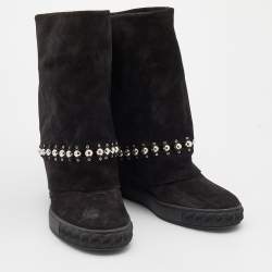 Pre Owned Casadei Black Suede Pearl Detail Fold Over Wedge Boots Size 38