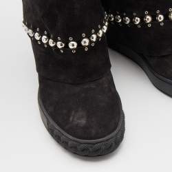 Pre Owned Casadei Black Suede Pearl Detail Fold Over Wedge Boots Size 38