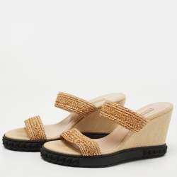 Pre Owned Casadei Tan Woven Leather Slide Wedge Sandals Size 40