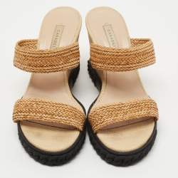 Pre Owned Casadei Tan Woven Leather Slide Wedge Sandals Size 40