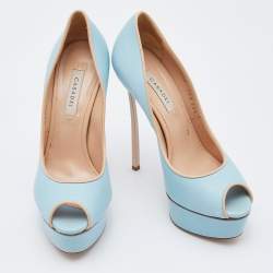 Pre Owned Casadei Blue/Beige Leather Peep Toe Platform Pumps Size 35.5