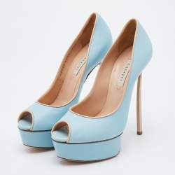 Pre Owned Casadei Blue/Beige Leather Peep Toe Platform Pumps Size 35.5