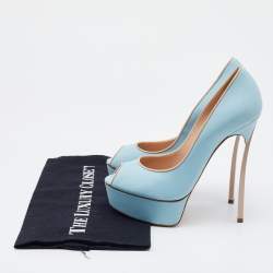 Pre Owned Casadei Blue/Beige Leather Peep Toe Platform Pumps Size 35.5