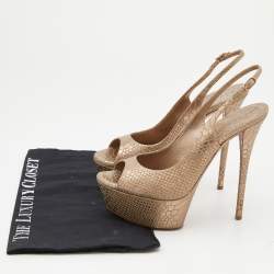 Pre Owned Casadei Metallic Beige Python Embossed Leather Slingback Platform Pumps Size 37.5