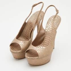 Pre Owned Casadei Metallic Beige Python Embossed Leather Slingback Platform Pumps Size 37.5