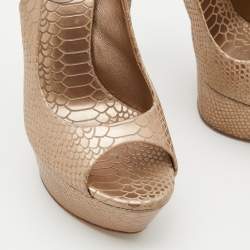 Pre Owned Casadei Metallic Beige Python Embossed Leather Slingback Platform Pumps Size 37.5