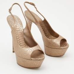 Pre Owned Casadei Metallic Beige Python Embossed Leather Slingback Platform Pumps Size 37.5