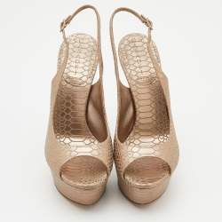 Pre Owned Casadei Metallic Beige Python Embossed Leather Slingback Platform Pumps Size 37.5