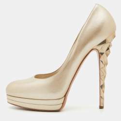 Pre Owned Casadei Metallic Beige Leather Round Toe Platform Pumps Size 38.5