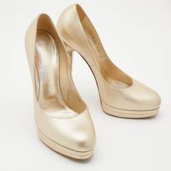 Pre Owned Casadei Metallic Beige Leather Round Toe Platform Pumps Size 38.5