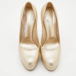Pre Owned Casadei Metallic Beige Leather Round Toe Platform Pumps Size 38.5