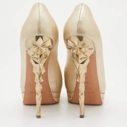 Pre Owned Casadei Metallic Beige Leather Round Toe Platform Pumps Size 38.5