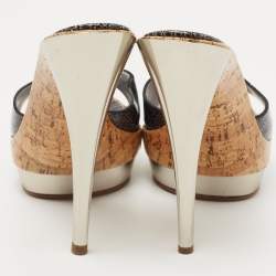 Casadei Black Croc Embossed Patent Leather Cork Platform Sandals Size 39
