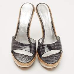 Casadei Black Croc Embossed Patent Leather Cork Platform Sandals Size 39
