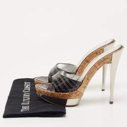 Casadei Black Croc Embossed Patent Leather Cork Platform Sandals Size 39