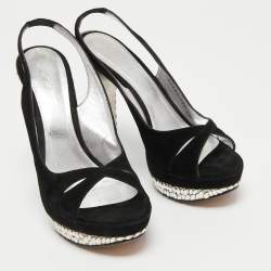 Pre Owned Casadei Black Suede Crystals Embellished Slingback Pumps Size 37.5