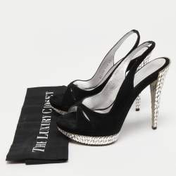 Pre Owned Casadei Black Suede Crystals Embellished Slingback Pumps Size 37.5