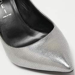 Pre Owned Casadei Silver Texture Leather Pointed Toe Pumps Size 37.5
