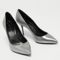 Pre Owned Casadei Silver Texture Leather Pointed Toe Pumps Size 37.5