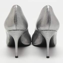 Pre Owned Casadei Silver Texture Leather Pointed Toe Pumps Size 37.5