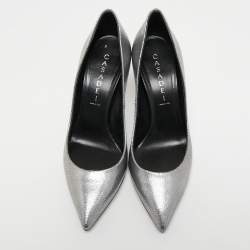 Pre Owned Casadei Silver Texture Leather Pointed Toe Pumps Size 37.5