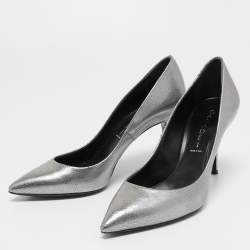 Pre Owned Casadei Silver Texture Leather Pointed Toe Pumps Size 37.5