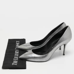 Pre Owned Casadei Silver Texture Leather Pointed Toe Pumps Size 37.5