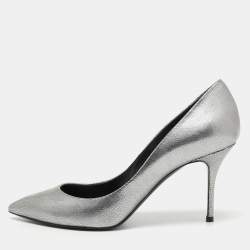 Pre Owned Casadei Silver Texture Leather Pointed Toe Pumps Size 37.5
