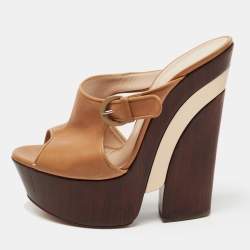 Pre Owned Casadei Tan Leather Wedge Platform Slide Sandals Size 37