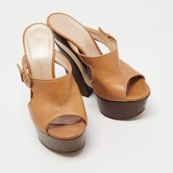 Pre Owned Casadei Tan Leather Wedge Platform Slide Sandals Size 37