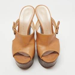 Pre Owned Casadei Tan Leather Wedge Platform Slide Sandals Size 37
