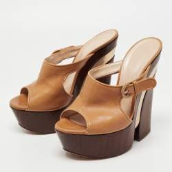 Pre Owned Casadei Tan Leather Wedge Platform Slide Sandals Size 37