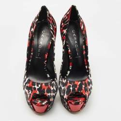 Pre Owned Casadei Tricolor Printed Satin Peep Toe Platform Pumps Size 38