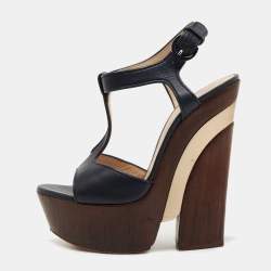 Pre Owned Casadei Navy Blue Leather Ankle Strap Platform Sandals Size 36