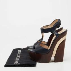 Pre Owned Casadei Navy Blue Leather Ankle Strap Platform Sandals Size 36