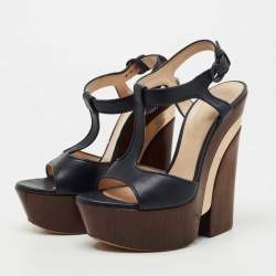 Pre Owned Casadei Navy Blue Leather Ankle Strap Platform Sandals Size 36