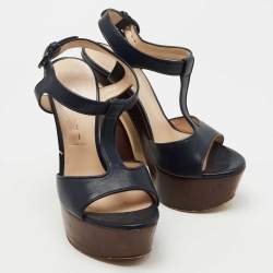 Pre Owned Casadei Navy Blue Leather Ankle Strap Platform Sandals Size 36