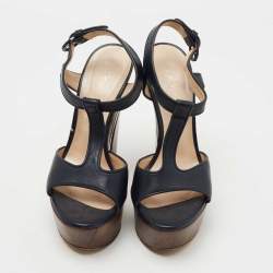 Pre Owned Casadei Navy Blue Leather Ankle Strap Platform Sandals Size 36