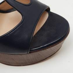 Pre Owned Casadei Navy Blue Leather Ankle Strap Platform Sandals Size 36