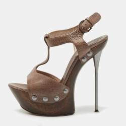 Casadei Brown Leather Studded Platform Ankle Strap Sandals Size 35